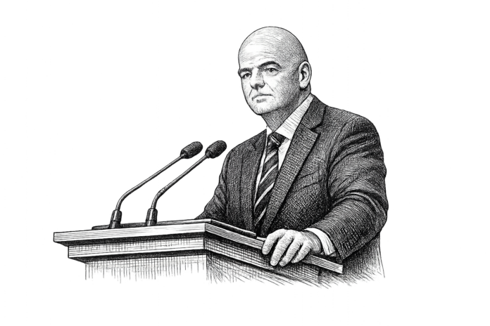 FIFA President Gianni Infantino stands at a podium during an official announcement regarding FIFA commercial operations.