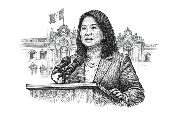Vintage monochrome engraving-style illustration of Keiko Fujimori speaking at a podium during a press conference in Lima, Peru.