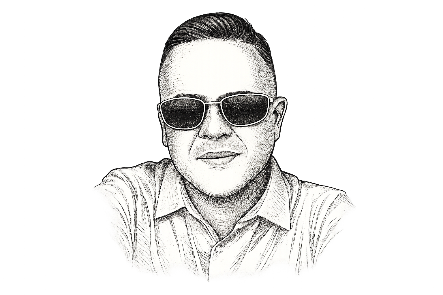 Louie Molina, founder of The Empresario, illustrated as a vintage editorial engraving wearing signature white sunglasses.