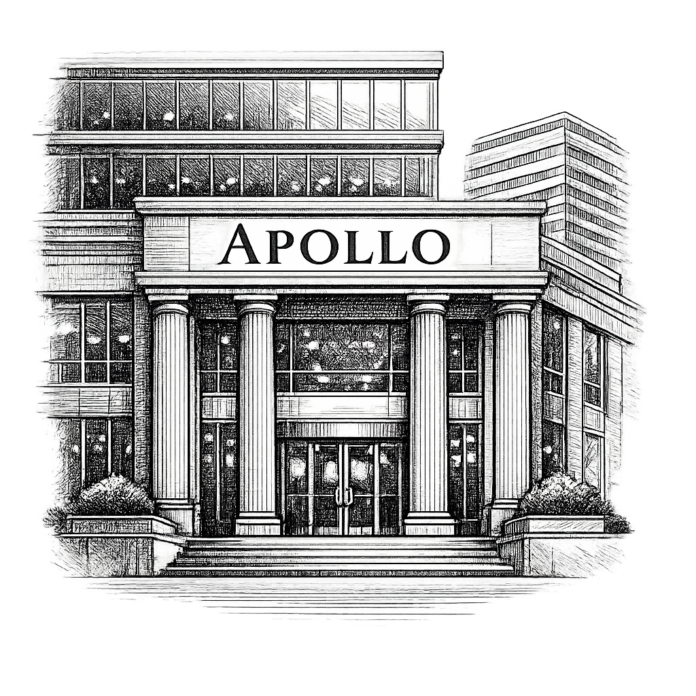 Vintage editorial engraving of the Apollo Global Management headquarters representing institutional private credit investment management.