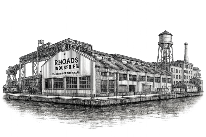 Industrial manufacturing buildings and dry docks at Rhoads Industries within the Philadelphia Navy Yard.