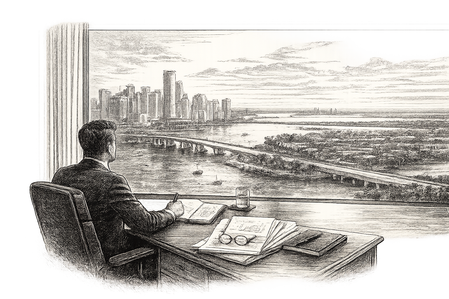 The Angle | Capital Strategist Overlooking Miami Editorial engraving of an investment strategist overlooking the Miami skyline, symbolizing institutional capital movement and cross-border investment between Miami and Latin America.
