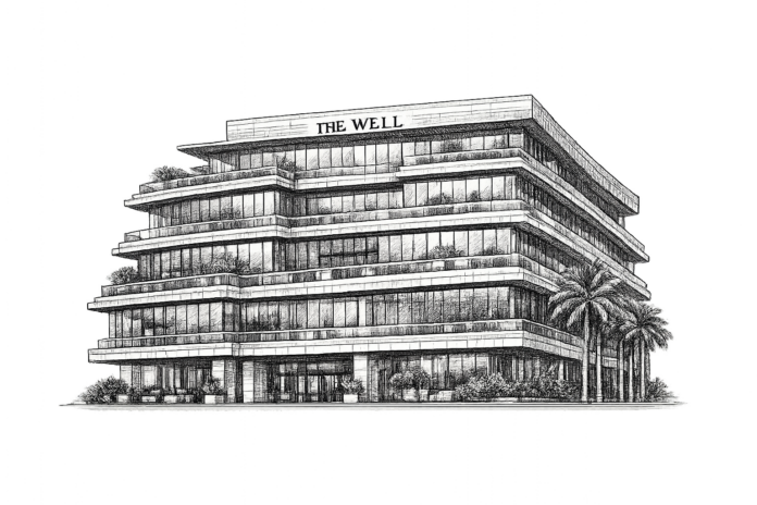 Vintage engraved illustration of the exterior of The Well office development at 1177 Kane Concourse in Bay Harbor Islands, Florida.