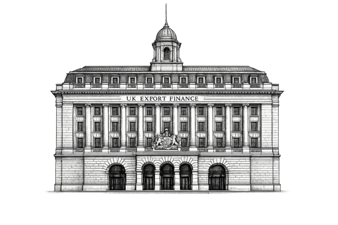 Vintage pen-and-ink engraving of the UK Export Finance headquarters in London, showing the neoclassical façade of the government financial institution involved in international export credit financing.