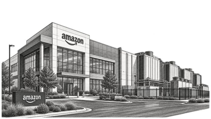 Exterior view of an Amazon corporate office building associated with major cloud and AI infrastructure financing.