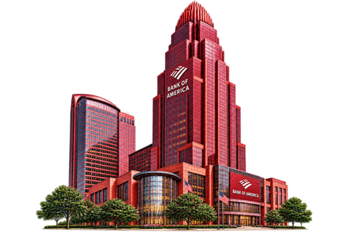 Bank of America Corporate Center skyscraper headquarters building against a clear blue sky in Charlotte.