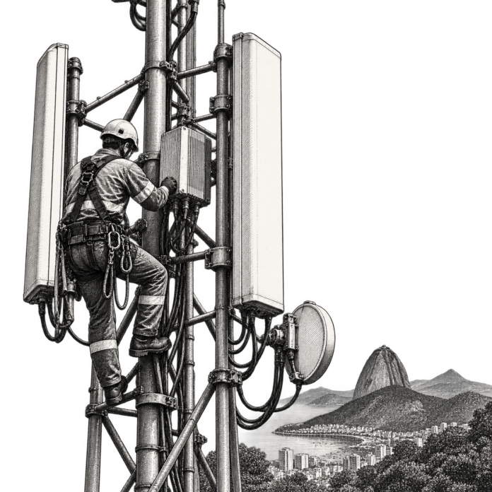 A wireless telecom tower structure standing against the sky representing digital infrastructure sector assets in Brazil.