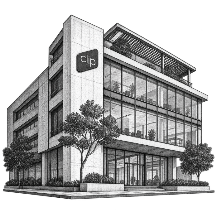 Exterior view of the Clip headquarters building entrance in Mexico City