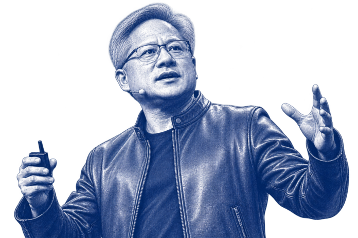 Jensen Huang on stage presenting at an NVIDIA conference discussing AI compute infrastructure financing