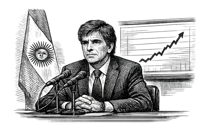 Argentine Economy Minister Luis Caputo speaks at a podium regarding sovereign debt repayments.