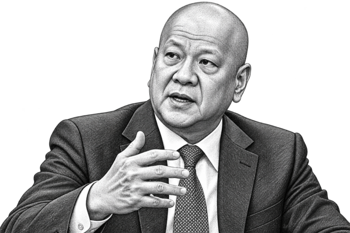 Ramon Ang speaking at a corporate briefing regarding equity investment strategies in Philippines infrastructure.