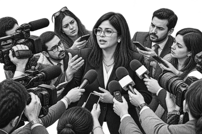 Delcy Rodríguez Addresses Venezuelan Oil Agreement Infrastructure Plans Delcy Rodríguez gestures during a press conference discussing Venezuelan oil fields.