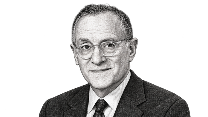 Editorial engraving-style portrait of investor Howard Marks in glasses and a suit