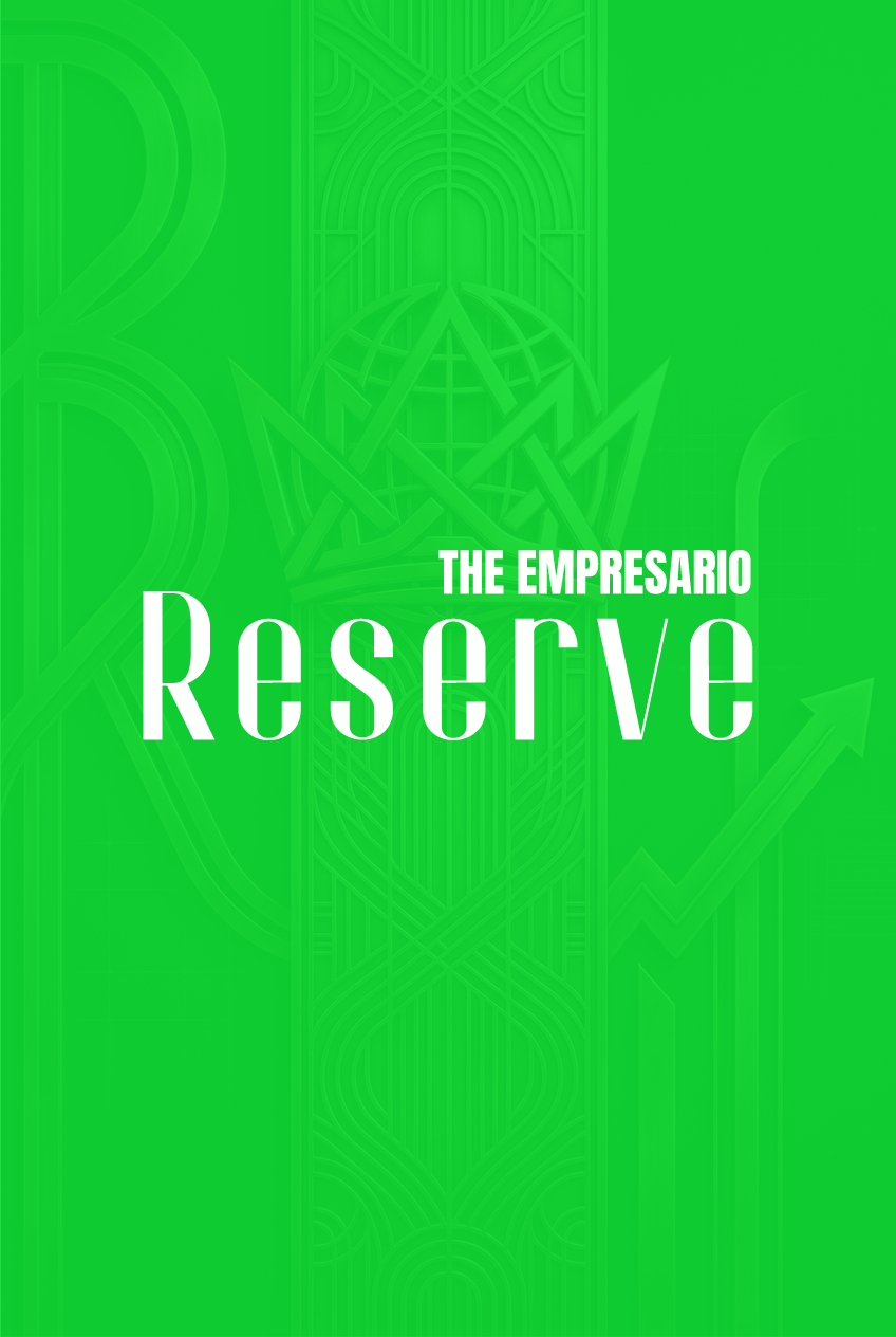 Vertical geometric art deco bronze emblem featuring an intricate crown symbol and upward growth arrow for The Reserve landing page.