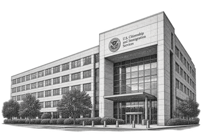 The exterior facade of a U.S. Citizenship and Immigration Services building in sunlight.