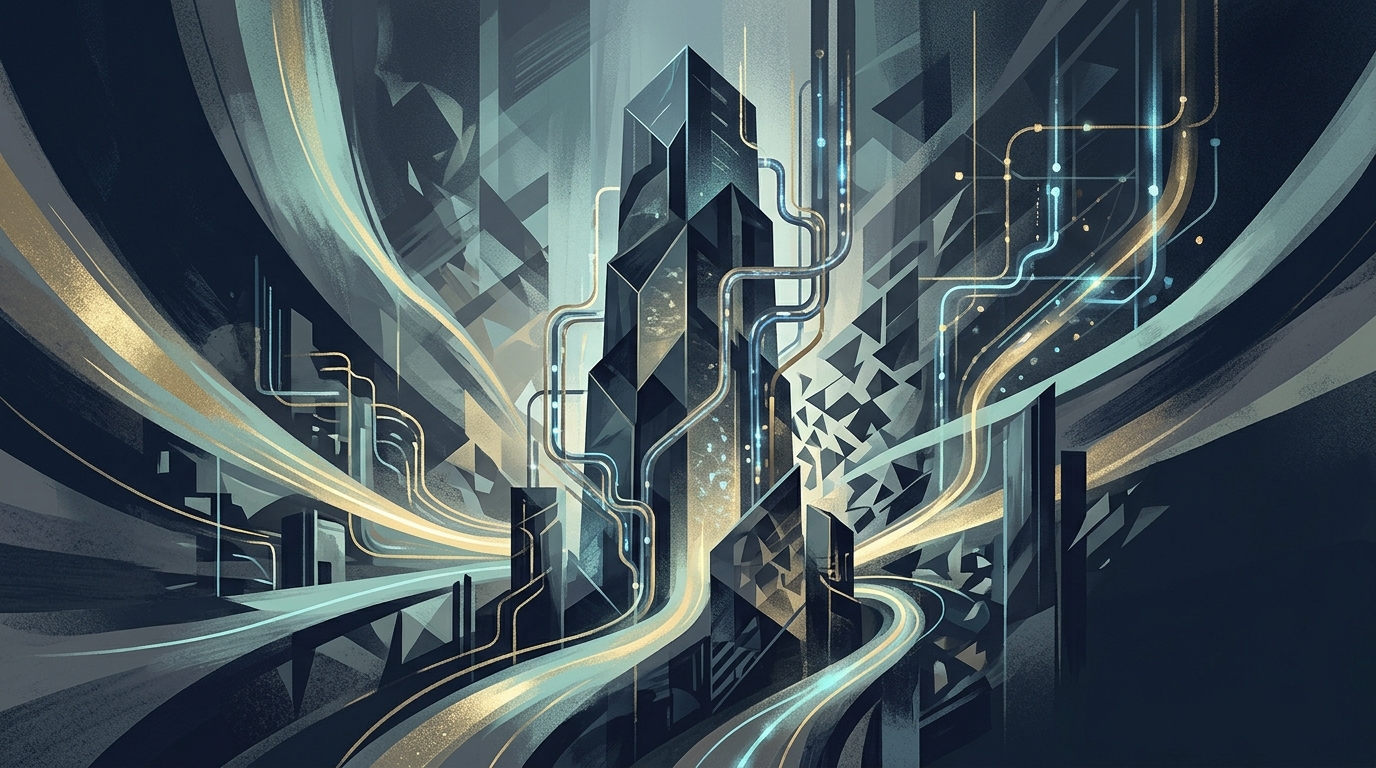 Conceptual editorial illustration depicting a central, faceted geometric monolith glowing with internal blue light, standing prominently against a dark background of angular forms and deep blues. Broad, swirling streams of golden and teal light, symbolizing financial liquidity and data, are funneled and converge into the base of the monolith from the surrounding space, representing the massive extraction of capital to fund technology infrastructure.